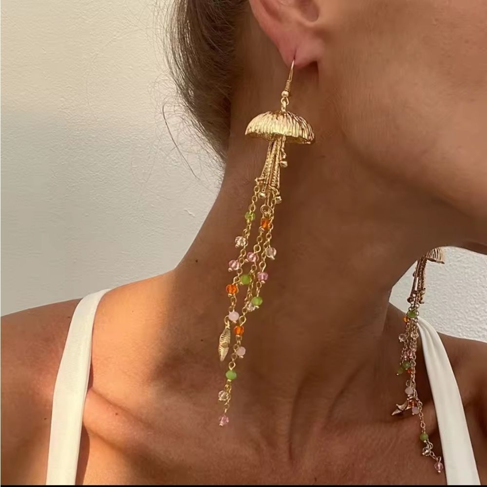 New Gold Jellyfish Tassel Earrings  Multi-Color Beads Starfish Accent  • NWOT